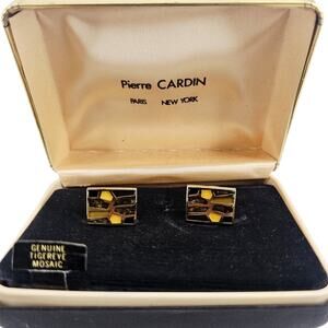 Rare Pierre Cardin Genuine Tiger Eye Inlay Mosaic Gold Tone Cufflinks NOS